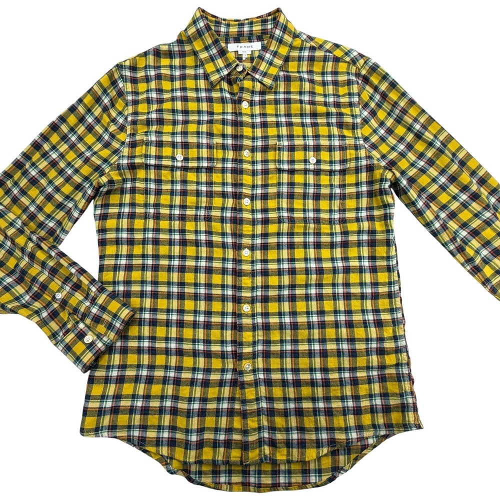 FRAME Shirt Mens Small Yellow Plaid Long Sleeve Flannel Button Up Slim Casual
